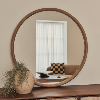 Amora - Grande specchio da parete rotondo in legno caldo 100 cm x 100 cm